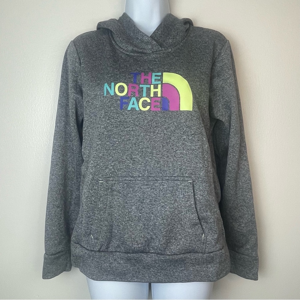 The North Face Half Dome Pullover Hoodie in heather grey with a multi-color logo